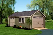 Deluxe Cape Cod Garage 12′ x 24′ • Avocado green siding, almond trim and doors, black architectural shingles Options • Heritage garage door, side double doors with transom windows.