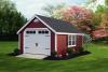 Deluxe Classic Garage 12′ x 20′ • Red siding, white trim, black shutters, slate architectural shingles